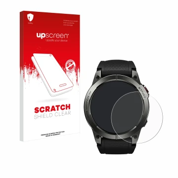 Face avant d’un emballage produit avec le logo de la marque upscreen. À côté, l’appareil Zeblaze Stratos 3 est représenté avec