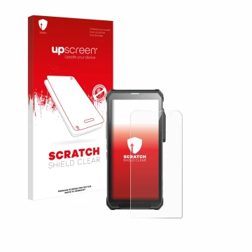 Face avant d’un emballage produit avec le logo de la marque upscreen. À côté, l’appareil RugGear RG880 est représenté avec la 