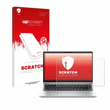Face avant d’un emballage produit avec le logo de la marque upscreen. À côté, l’appareil HP ProBook 440 G10 est représenté ave