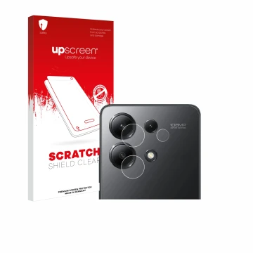 Face avant d’un emballage produit avec le logo de la marque upscreen. À côté, l’appareil Xiaomi Redmi Note 13 5G (Caméra UNIQU