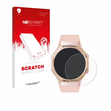 Face avant d’un emballage produit avec le logo de la marque upscreen. À côté, l’appareil Mutoy Smartwatch 1.32