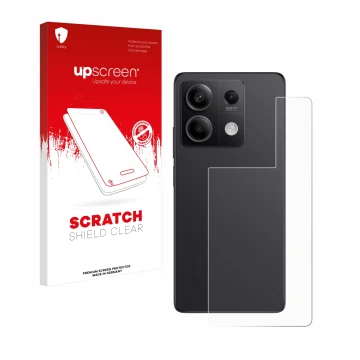 Face avant d’un emballage produit avec le logo de la marque upscreen. À côté, l’appareil Xiaomi Redmi Note 13 Pro 5G (Arrière)
