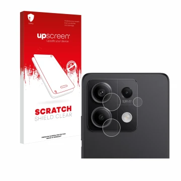 Face avant d’un emballage produit avec le logo de la marque upscreen. À côté, l’appareil Xiaomi Redmi Note 13 Pro 5G (Caméra U