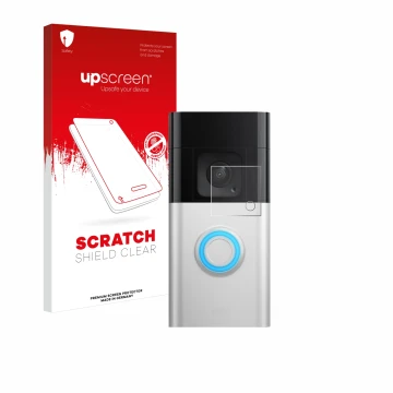 Face avant d’un emballage produit avec le logo de la marque upscreen. À côté, l’appareil Ring Video Doorbell Plus est représen