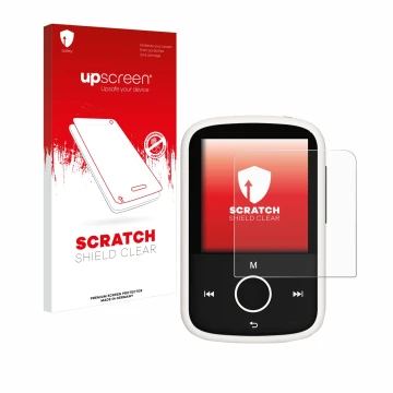 Face avant d’un emballage produit avec le logo de la marque upscreen. À côté, l’appareil Majority MP3 16GB est représenté avec
