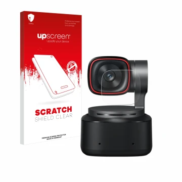 Face avant d’un emballage produit avec le logo de la marque upscreen. À côté, l’appareil OBSBOT Tiny 2 est représenté avec la 