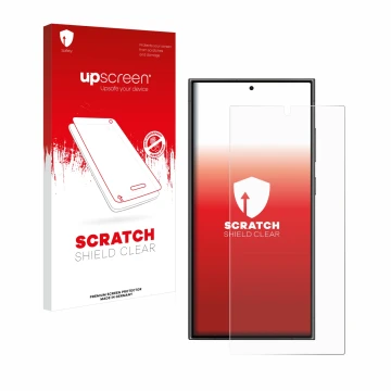 Face avant d’un emballage produit avec le logo de la marque upscreen. À côté, l’appareil Samsung Galaxy S24 Ultra est représen