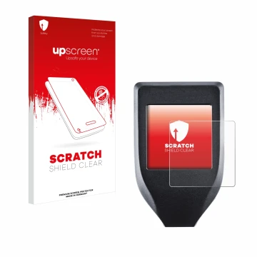 Face avant d’un emballage produit avec le logo de la marque upscreen. À côté, l’appareil Trezor Model T est représenté avec la