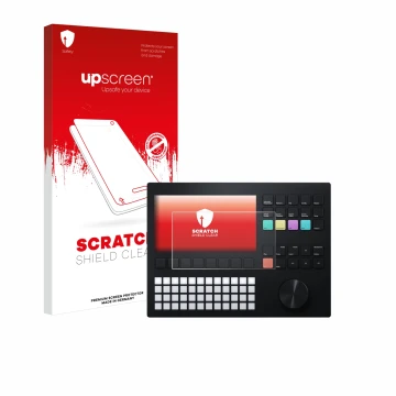 Face avant d’un emballage produit avec le logo de la marque upscreen. À côté, l’appareil Polyend Tracker est représenté avec l