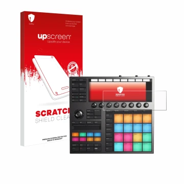 Face avant d’un emballage produit avec le logo de la marque upscreen. À côté, l’appareil Native Instruments Maschine + est rep