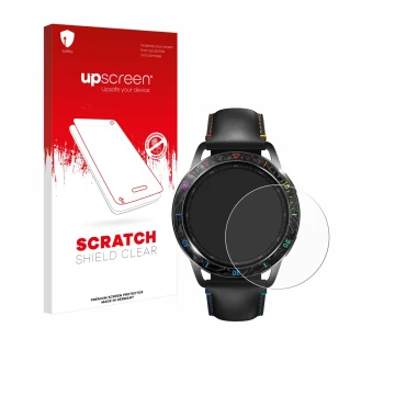 Face avant d’un emballage produit avec le logo de la marque upscreen. À côté, l’appareil Xiaomi Watch S3 est représenté avec l