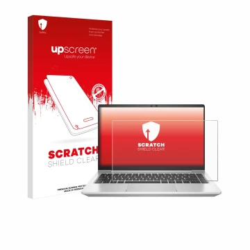 Face avant d’un emballage produit avec le logo de la marque upscreen. À côté, l’appareil HP ProBook 445 G7 est représenté avec