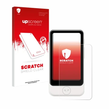 Face avant d’un emballage produit avec le logo de la marque upscreen. À côté, l’appareil Pocketalk Plus est représenté avec la