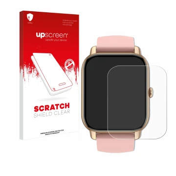 Face avant d’un emballage produit avec le logo de la marque upscreen. À côté, l’appareil Sross Smartwatch 1.83