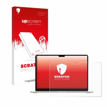 Face avant d’un emballage produit avec le logo de la marque upscreen. À côté, l’appareil Apple MacBook Air 15