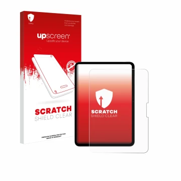 Face avant d’un emballage produit avec le logo de la marque upscreen. À côté, l’appareil Apple iPad Pro 11