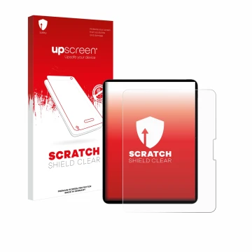 Face avant d’un emballage produit avec le logo de la marque upscreen. À côté, l’appareil Apple iPad Pro 13