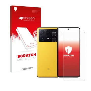 Face avant d’un emballage produit avec le logo de la marque upscreen. À côté, l’appareil Xiaomi Poco X6 Pro (Avant+Caméra) est