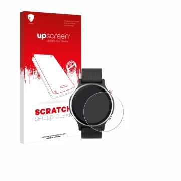 Face avant d’un emballage produit avec le logo de la marque upscreen. À côté, l’appareil ASUS VivoWatch 6 est représenté avec 