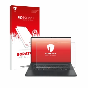 Face avant d’un emballage produit avec le logo de la marque upscreen. À côté, l’appareil Lenovo ThinkPad Z13 Gen 2 est représe