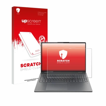 Face avant d’un emballage produit avec le logo de la marque upscreen. À côté, l’appareil Lenovo Yoga 7i 2-in-1 Gen 9 16