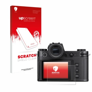 Face avant d’un emballage produit avec le logo de la marque upscreen. À côté, l’appareil Leica SL3 est représenté avec la prot