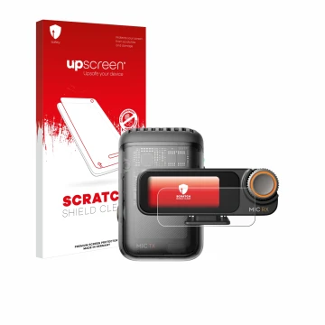 Face avant d’un emballage produit avec le logo de la marque upscreen. À côté, l’appareil DJI Mic 2 (Receiver) est représenté a