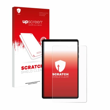 Face avant d’un emballage produit avec le logo de la marque upscreen. À côté, l’appareil Lenovo Legion Tab est représenté avec