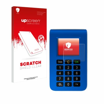 Face avant d’un emballage produit avec le logo de la marque upscreen. À côté, l’appareil REINER SCT tanJack photo QR est repré