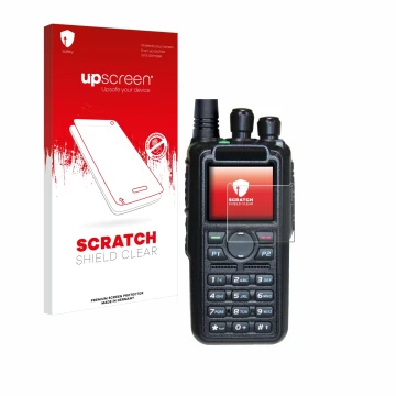 Face avant d’un emballage produit avec le logo de la marque upscreen. À côté, l’appareil AnyTone AT-D878UV II Plus est représe