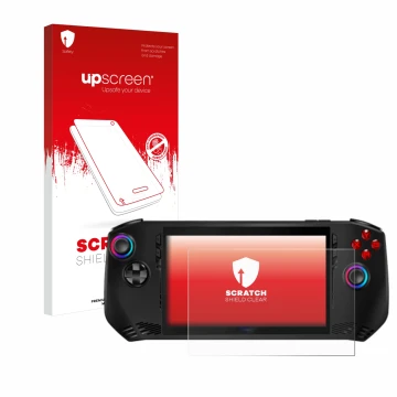 Face avant d’un emballage produit avec le logo de la marque upscreen. À côté, l’appareil MSI Claw A1M est représenté avec la p