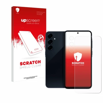 Face avant d’un emballage produit avec le logo de la marque upscreen. À côté, l’appareil Samsung Galaxy A35 5G (Avant+Caméra) 