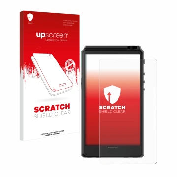 Face avant d’un emballage produit avec le logo de la marque upscreen. À côté, l’appareil Hiby R6 III est représenté avec la pr