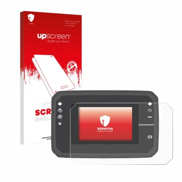 Face avant d’un emballage produit avec le logo de la marque upscreen. À côté, l’appareil Honda CB650R TFT Display est représen
