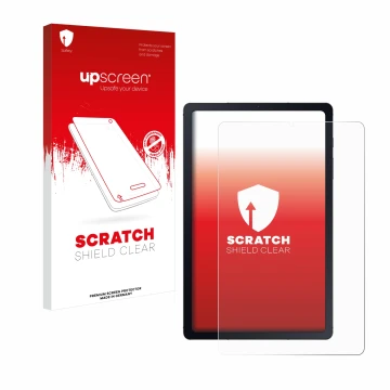 Face avant d’un emballage produit avec le logo de la marque upscreen. À côté, l’appareil Samsung Galaxy Tab S6 Lite WiFi 2024 