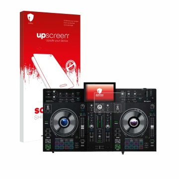 Face avant d’un emballage produit avec le logo de la marque upscreen. À côté, l’appareil Denon DJ Prime 2 est représenté avec 