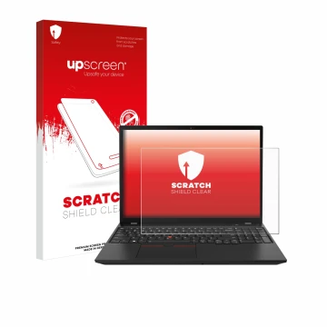 Face avant d’un emballage produit avec le logo de la marque upscreen. À côté, l’appareil Lenovo ThinkPad P16s Gen 2 est représ