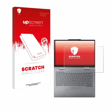 Face avant d’un emballage produit avec le logo de la marque upscreen. À côté, l’appareil Lenovo ThinkPad X1 2-in-1 Gen 9 14