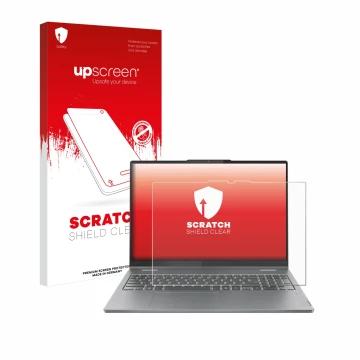 Face avant d’un emballage produit avec le logo de la marque upscreen. À côté, l’appareil Lenovo IdeaPad 5 2-in-1 Gen 9 16