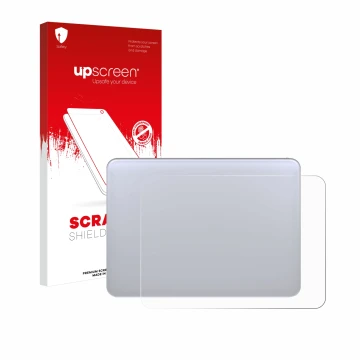 Face avant d’un emballage produit avec le logo de la marque upscreen. À côté, l’appareil Apple Magic 3 (Touch Trackpad) est re