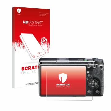 Face avant d’un emballage produit avec le logo de la marque upscreen. À côté, l’appareil Ricoh GR III HDF est représenté avec 