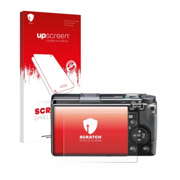 Face avant d’un emballage produit avec le logo de la marque upscreen. À côté, l’appareil Ricoh GR IIIx HDF est représenté avec