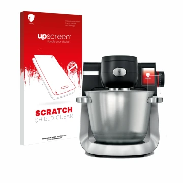 Face avant d’un emballage produit avec le logo de la marque upscreen. À côté, l’appareil Bosch MUM Serie 6 est représenté avec