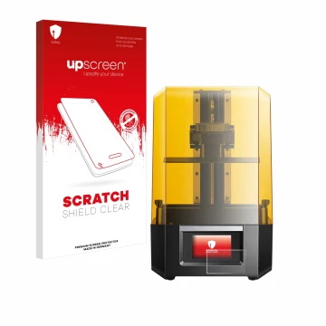 Face avant d’un emballage produit avec le logo de la marque upscreen. À côté, l’appareil Anycubic Photon Mono M5s est représen