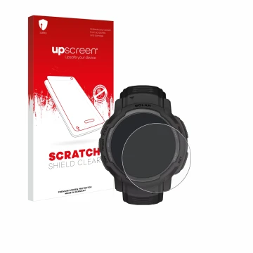 Face avant d’un emballage produit avec le logo de la marque upscreen. À côté, l’appareil Garmin Instinct Crossover Solar est r