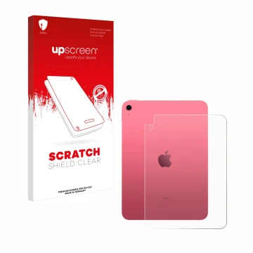 Face avant d’un emballage produit avec le logo de la marque upscreen. À côté, l’appareil Apple iPad 10.9