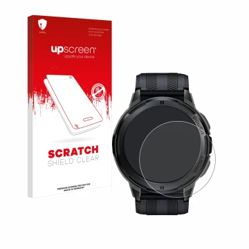 Face avant d’un emballage produit avec le logo de la marque upscreen. À côté, l’appareil Oukitel BT10 1.43
