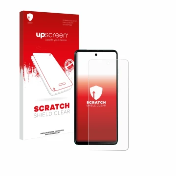 Face avant d’un emballage produit avec le logo de la marque upscreen. À côté, l’appareil Motorola Moto G04s est représenté ave