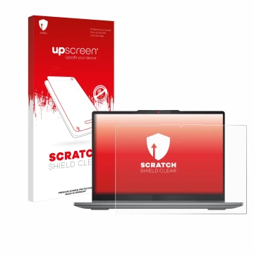Face avant d’un emballage produit avec le logo de la marque upscreen. À côté, l’appareil Lenovo IdeaPad 5 2-in-1 14AHP9 est re