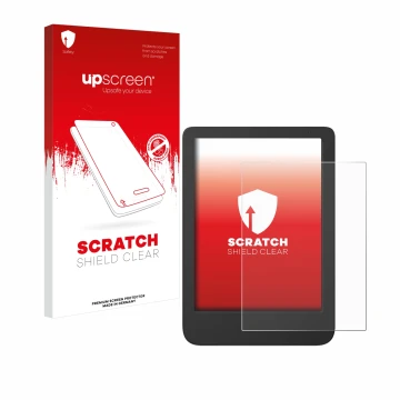 Face avant d’un emballage produit avec le logo de la marque upscreen. À côté, l’appareil Tolino Shine 5 Color 2024 est représe